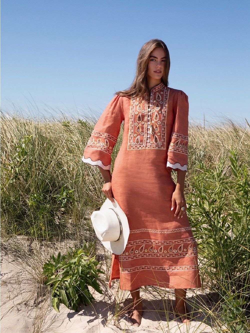 ASHA Embroidered Rust Linen Kaftan XXS